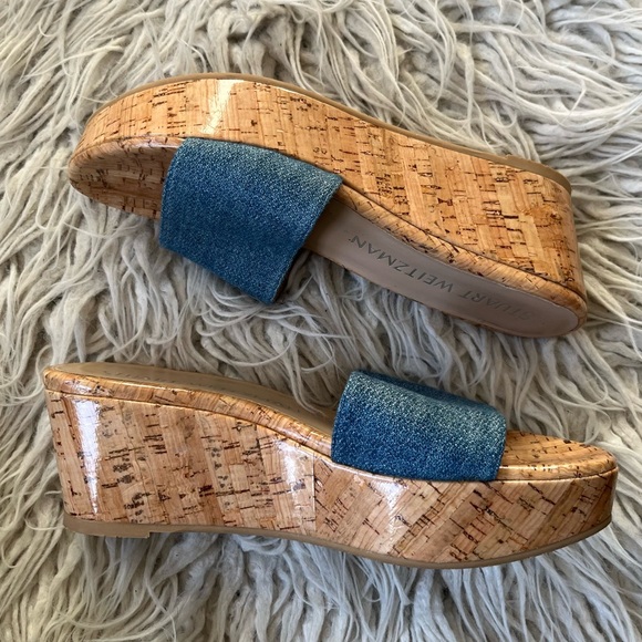 Stuart Weitzman Summer Denim Cork Wedge Blue Platform Slip On Sandals EUC Sz 7.5 - Picture 2 of 10